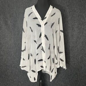 Wayne Cooper Boho Feather Print Batwing Blouse White Black Sequin Accent Size M